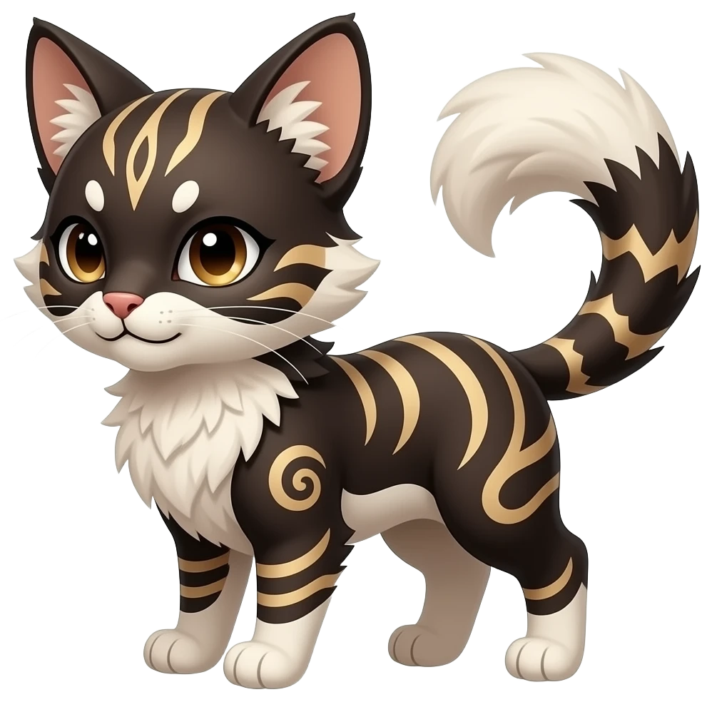 Kawaii dark edgy brown beige white fantasy ethereal feline-vernid-sergal-rocruff-fursona animal creature with a tufted tail full body with intricate markings emoji