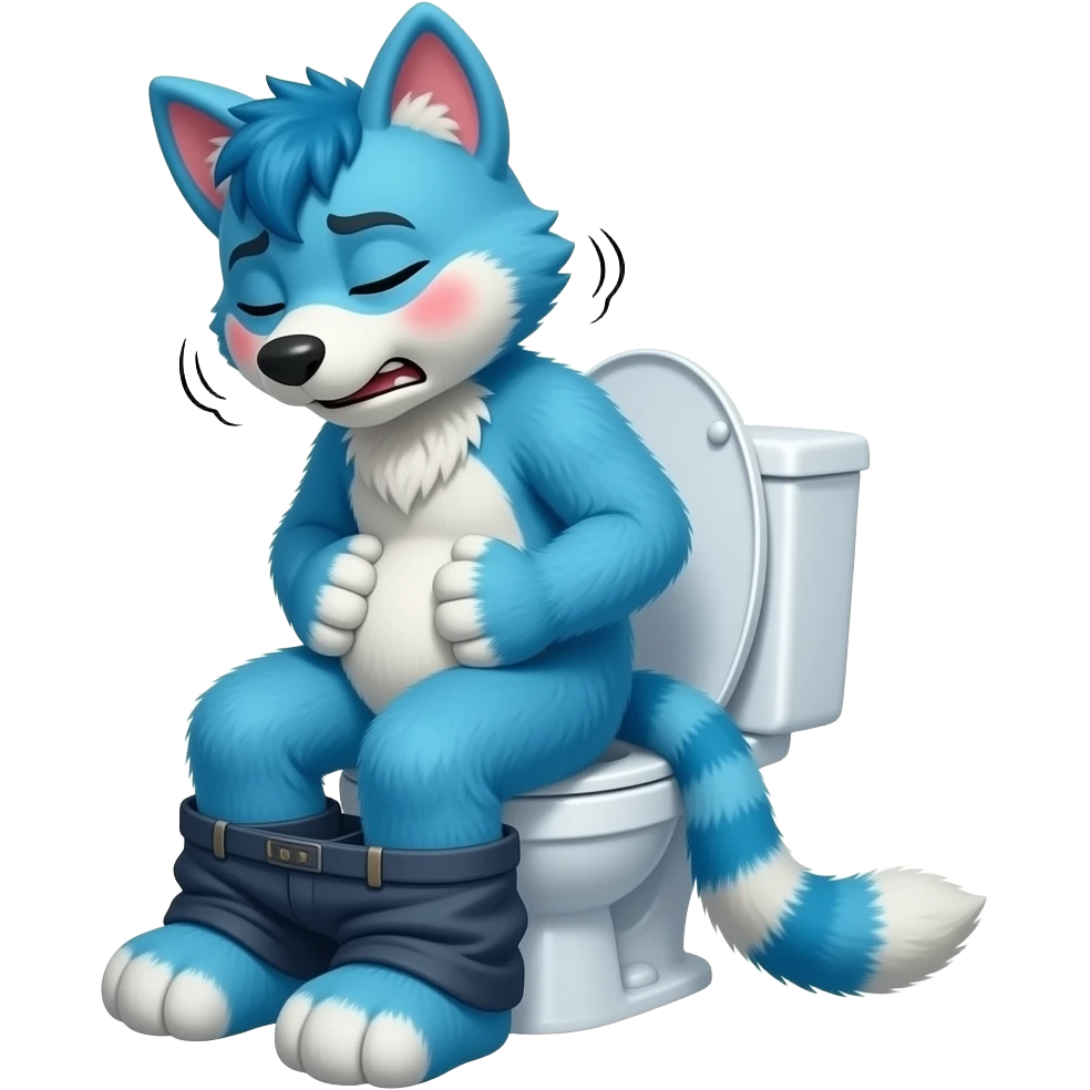 blue fursuit sitting on toilet, side view, pants down, straining face, blushing face, pain, pushing, both hands on stomach, discomfort, grunting, eyes closed emoji
