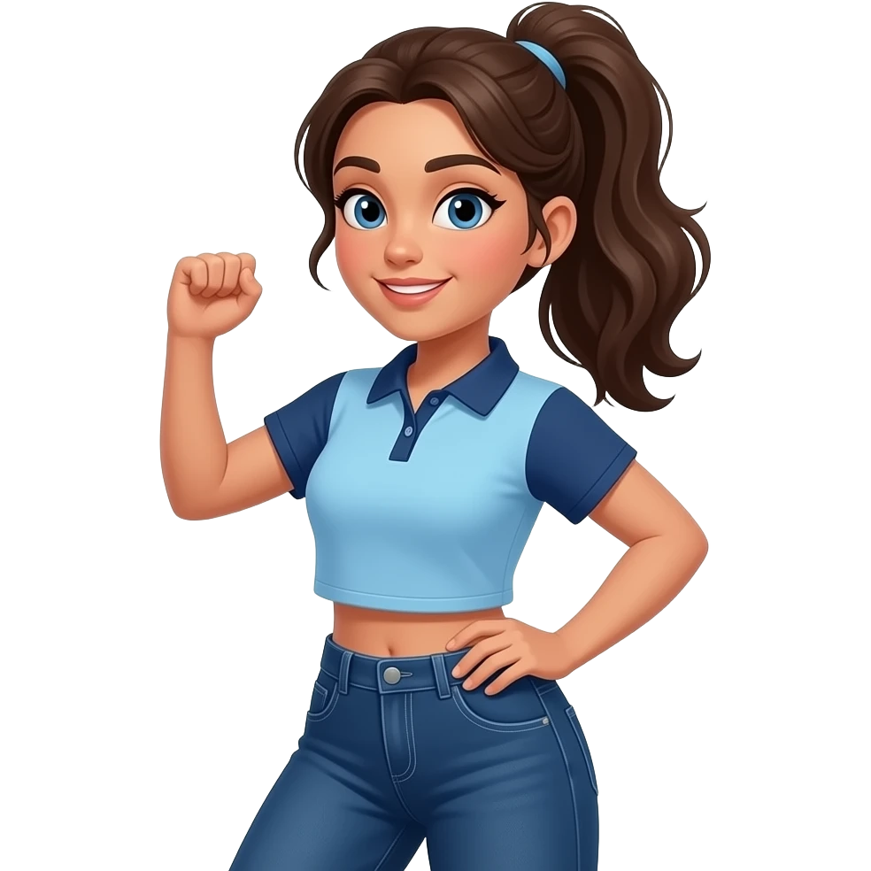 Hispanic girl with brown ponytail and blue eyes light blue and dark blue cropped polo and dark blue baggy jeans doing the wavy belly movement emoji