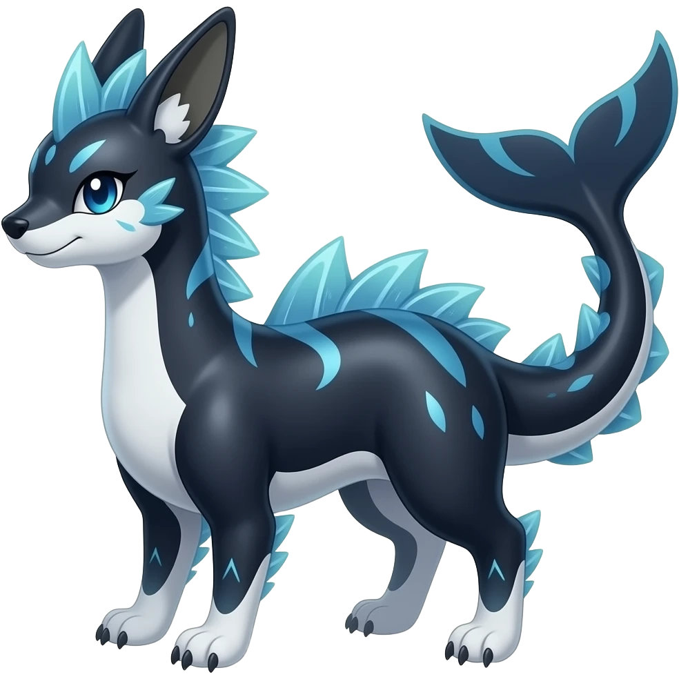 Tough realistic Quadrupedal digitigrade shiny glossy smooth finned frilled gothic tall slim unique epic legendary shiny edgy cool cyberpunk-solarpunk-fantasy-Sceptile-Sprigatito-Flyogn-Vaporeon-Electrike-Fakémon-hybrid with an orca tail emoji