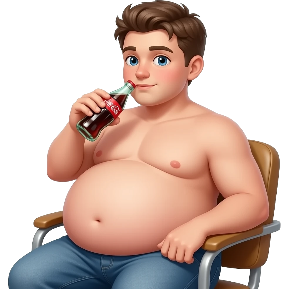 Chłopak ma 15 lat bardzo bardzo ogromnym brzucha brzuch🫄🏼 ma kształt jak ogromna piłka i brzuch jest bardzo twardy i bez koszulki i siedzi na krześle i pije Coca-Cola emoji