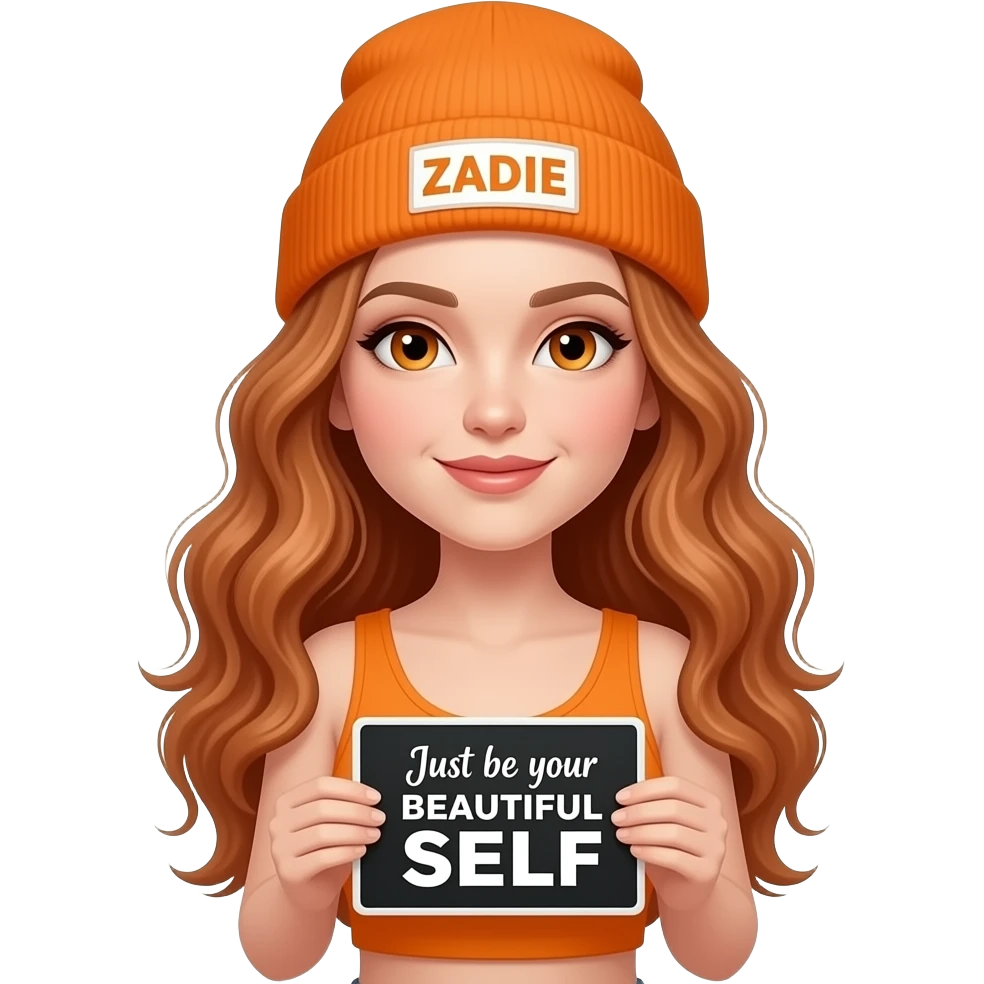sexy girl with overlong wavy ginger hair and ginger eyes wearing a orange tanktop and a orange beanie with ZADIE written on it, is holding a black sign with Just be your BEAUTIFUL SELF written on it emoji