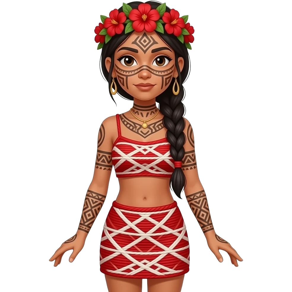 NOIA AMB COS SENCER AMB TATUATGES A LA CARA DE LA TRIBU EMBERA DRUA AMB UN SOSTENS DE FIL, UNA DIADEMA DE FLORS VERMELLES IGUAL QUE EL TOP I UNA FALDILLA DE FIL CURTA emoji