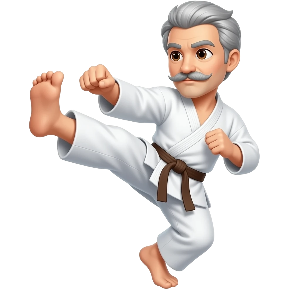 Grey hair with mustache doing a karate kick and brown eyes and Brown Belt emoji