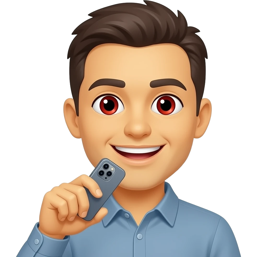 default yellow emoji holding a phone in front of him smiling with teeth and red eyes emoji
