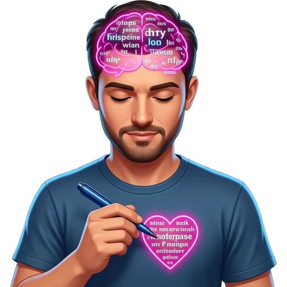 keep this guy with his brain full of words and him writing on his own heart but make him glow with a city behind him emoji