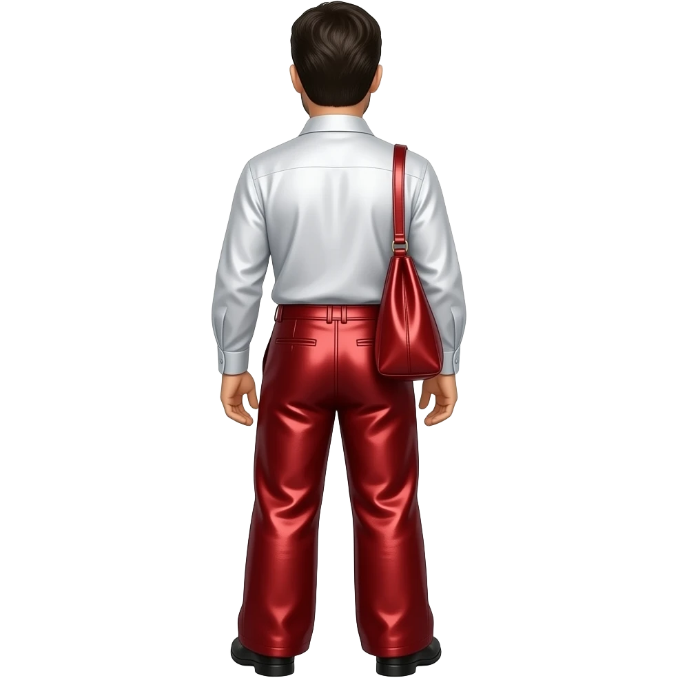 Anwar Jibawi from behind with white metallic dress shirt, ruby red metallic baggy pants emoji