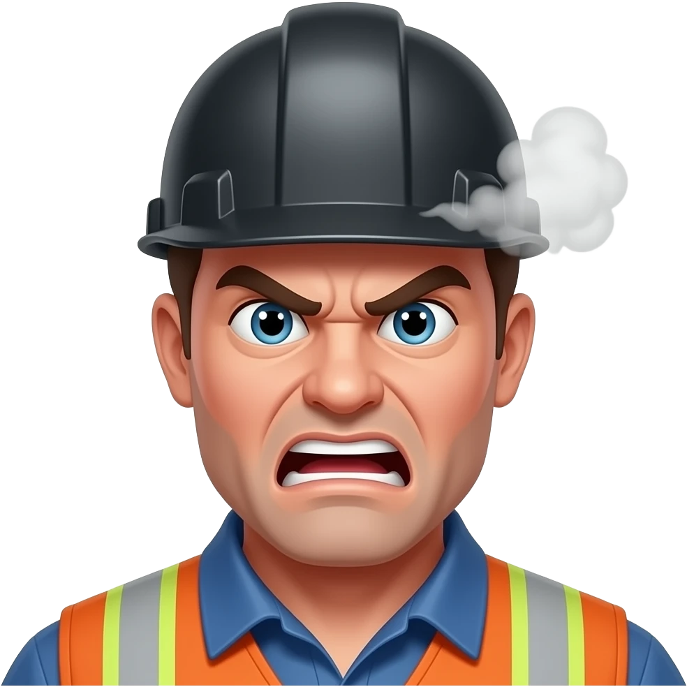 3. Angry Site Foreman    Construction foreman raging about lateness. face pic, steam coming from his head an red face, black helmet emoji