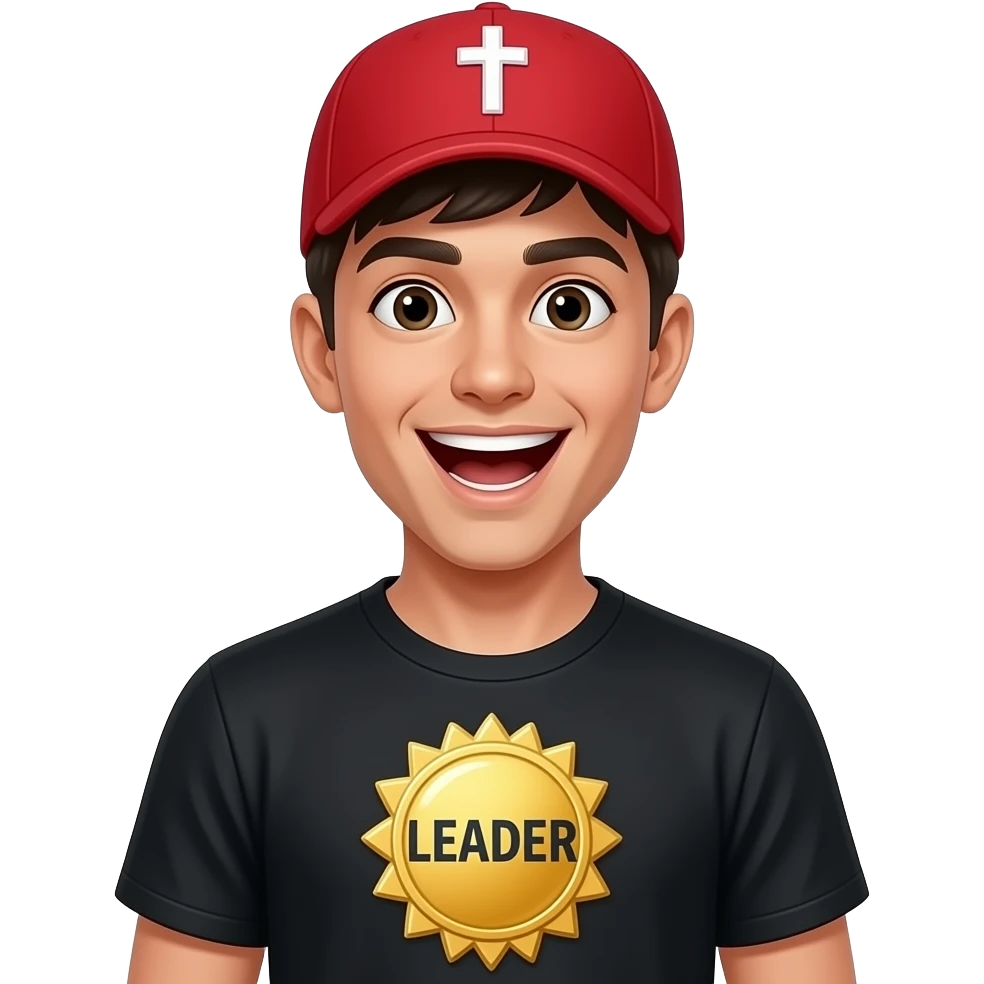 A excited looking young man in a red baseball cap with a cross has a black shirt  with a big gold badge that says "LEADER" in big letters. Background has writing like  math done wrong "2+1=4" and "Huh?" and "I'm important". ". emoji
