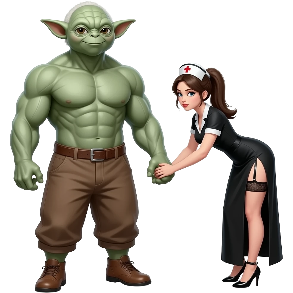 6 foot tall muscular  Yoda standing and holding hands  immediately behind a pony  tailed nurse smiling with open mouth, wearing a garter belt, long black dress.Nurse  has DD breasts slit down side of dress , she is bending over looking back at Yoda seductively emoji