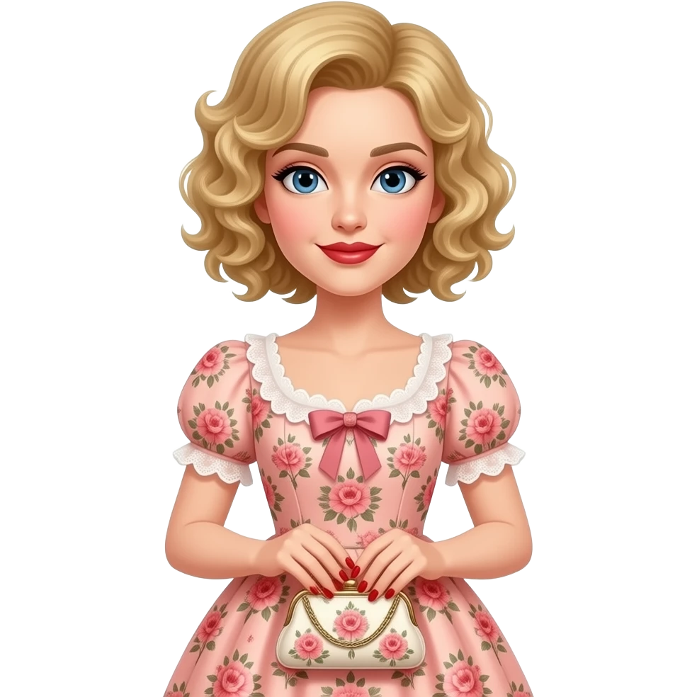 extremely Short blonde curly hair side swept brown lipstick in a peach floral Victorian dress, red nails. holding a Victorian peach purse and black eyebrows emoji