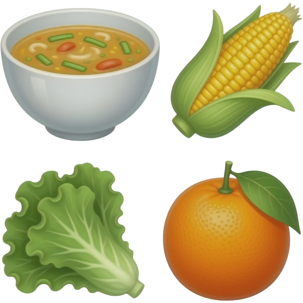 Un cuenco con sopa y trazas de verduras, y un cuenco con lechuga y maíz y una mandarina emoji