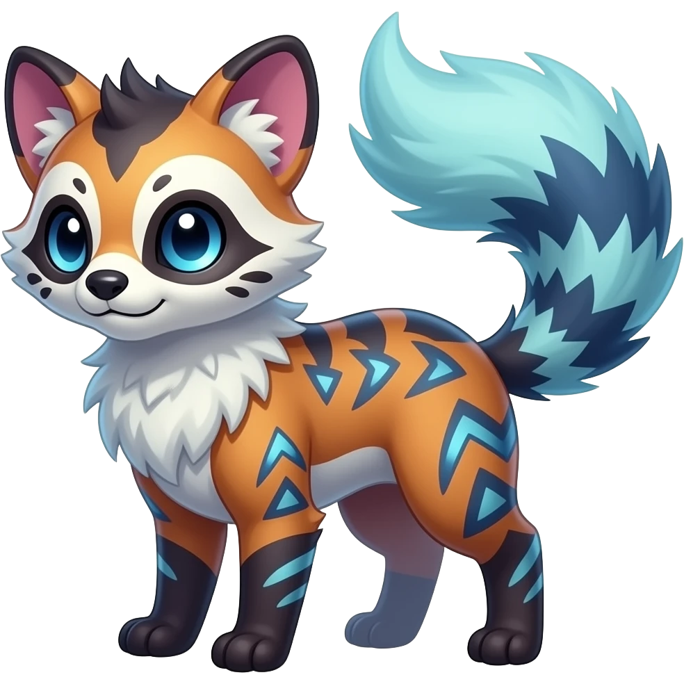 Colorful unique fantasy original shiny smooth soft flurry edgy cool Civet-Sprigatito-Fennekin-Furret-Vaporeon-Fakémon-hybrid with tribal markings emoji