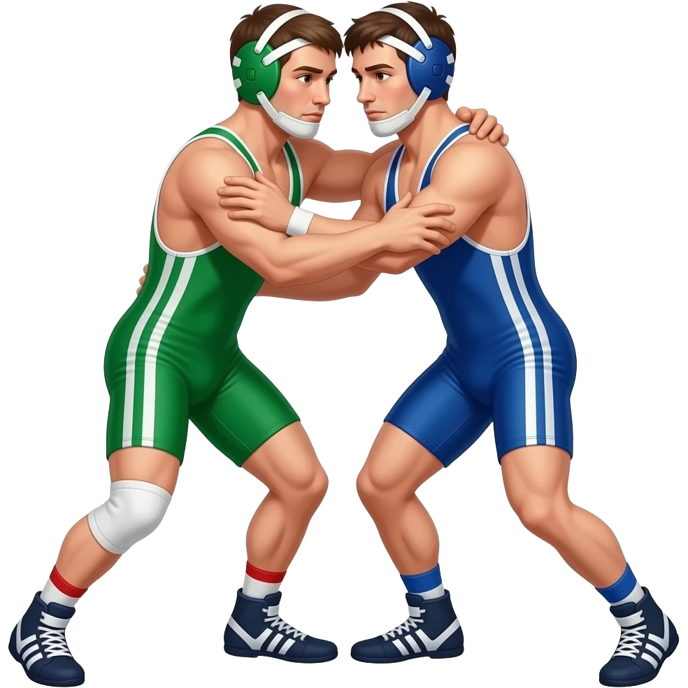 Erstelle ein Bild von zwei Wrestler in kurzen, knappen und engen Wrestler-suits, die beiden haben unterschiedlich Farben an (Grün und blau) und sie ringen in unterschiedliche Richtung  eng umschlungen miteinander auf dem Boden emoji