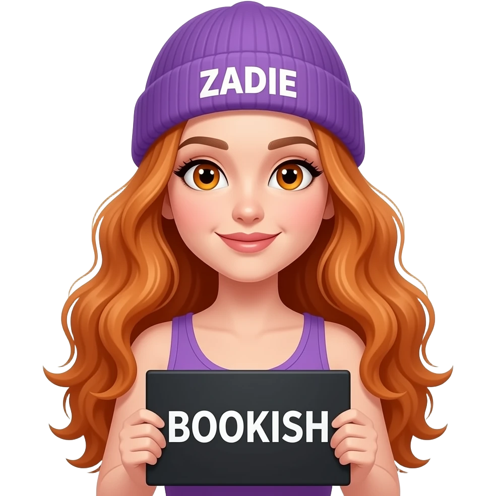 sexy girl with overlong wavy ginger hair and ginger eyes wearing a purple tanktop and a purple beanie with ZADIE written on it, is holding a black sign with BOOKISH written on it emoji