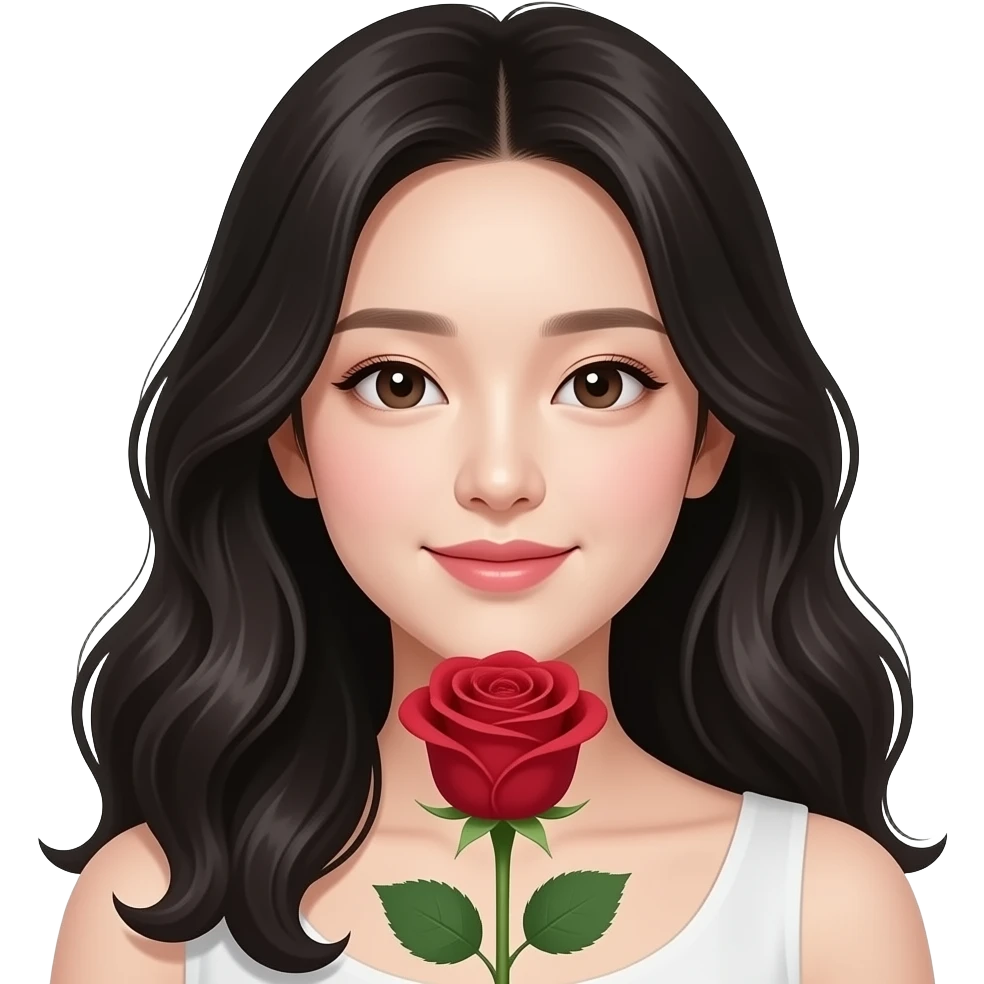 Mujer coreana recibiendo una rosa, que la chica sea piel muy clara, cabello ondulado y negro y con ojos asiáticos emoji