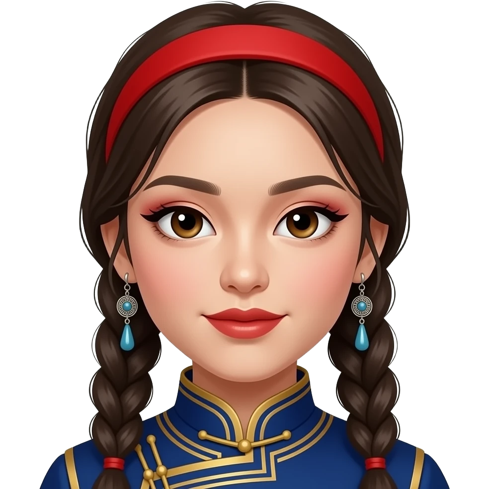 asian mongolian girl with long brown 2 braided hair left side parted with mongolian earrings and monolid eyes and siren eyeliner and eye inner corner eyeliner fox eye narrow eyes, with small mono lid eyes with red hair band with black asian eyes and darker ombre y2k red lips emoji