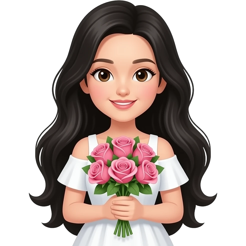 A beautiful girl with long black hair and a white dress is holding a bouquet of pink roses emoji