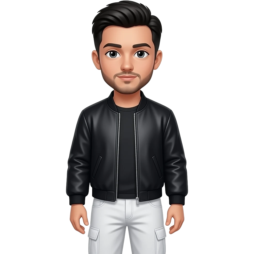 White boy with black smooth short hair, a stubble mustache, a black jock jacket, and white cargo pants emoji