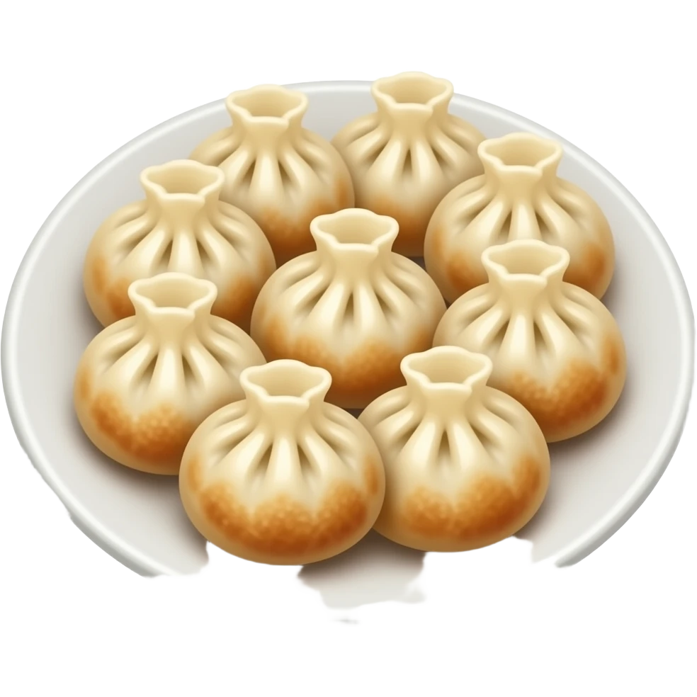 3D emoji style Chinese dumplings on a white plate, 
plump crescent-shaped mandu with pleated tops, 
golden-brown pan-fried bottoms, 
Apple emoji aesthetic, soft highlights, 
transparent background, bold simple shapes emoji