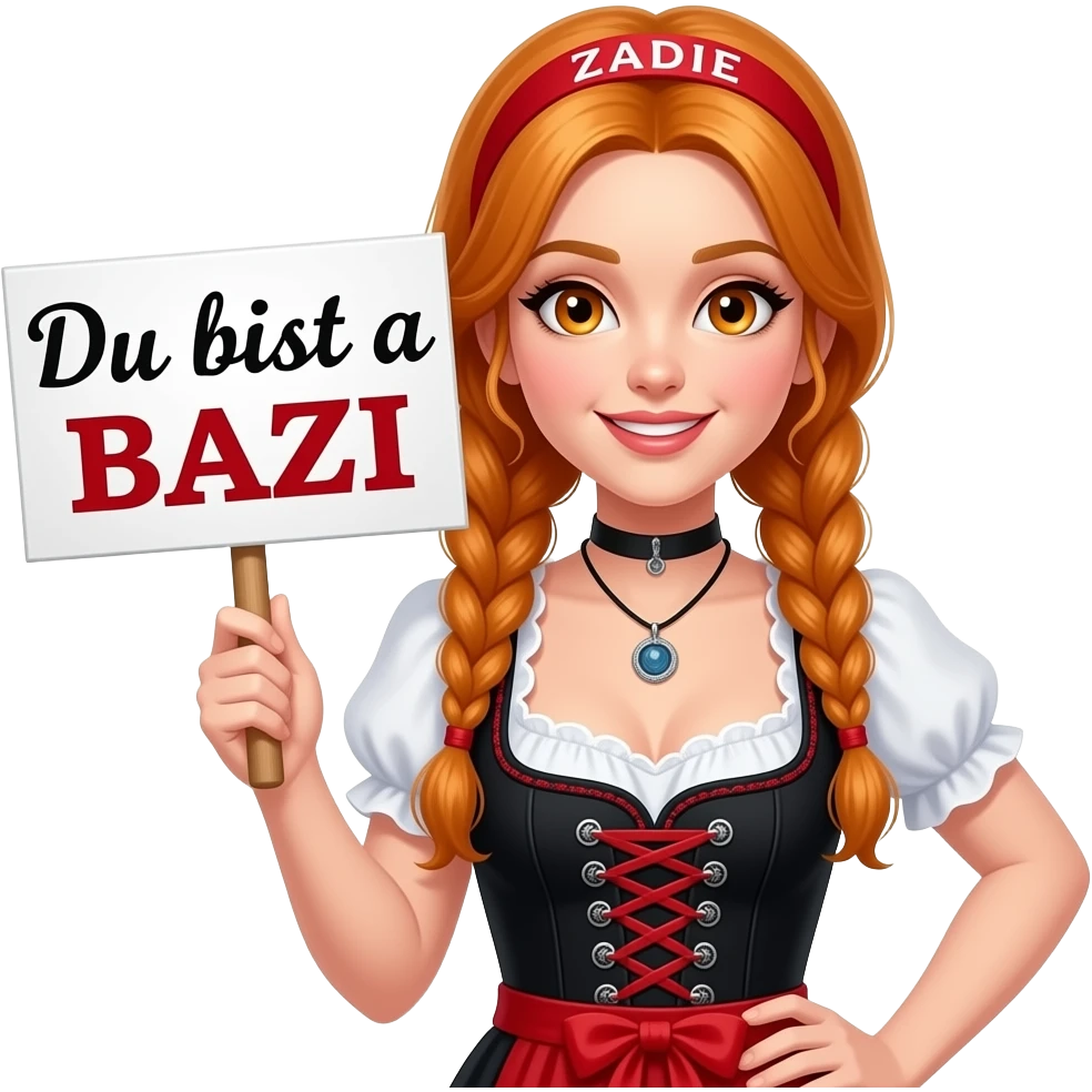 sexy girl with overlong ginger braids and ginger eyes wearing a black red dirndl and a red headband with ZADIE written on it, is holding a sign with Du bist a BAZI written on it emoji