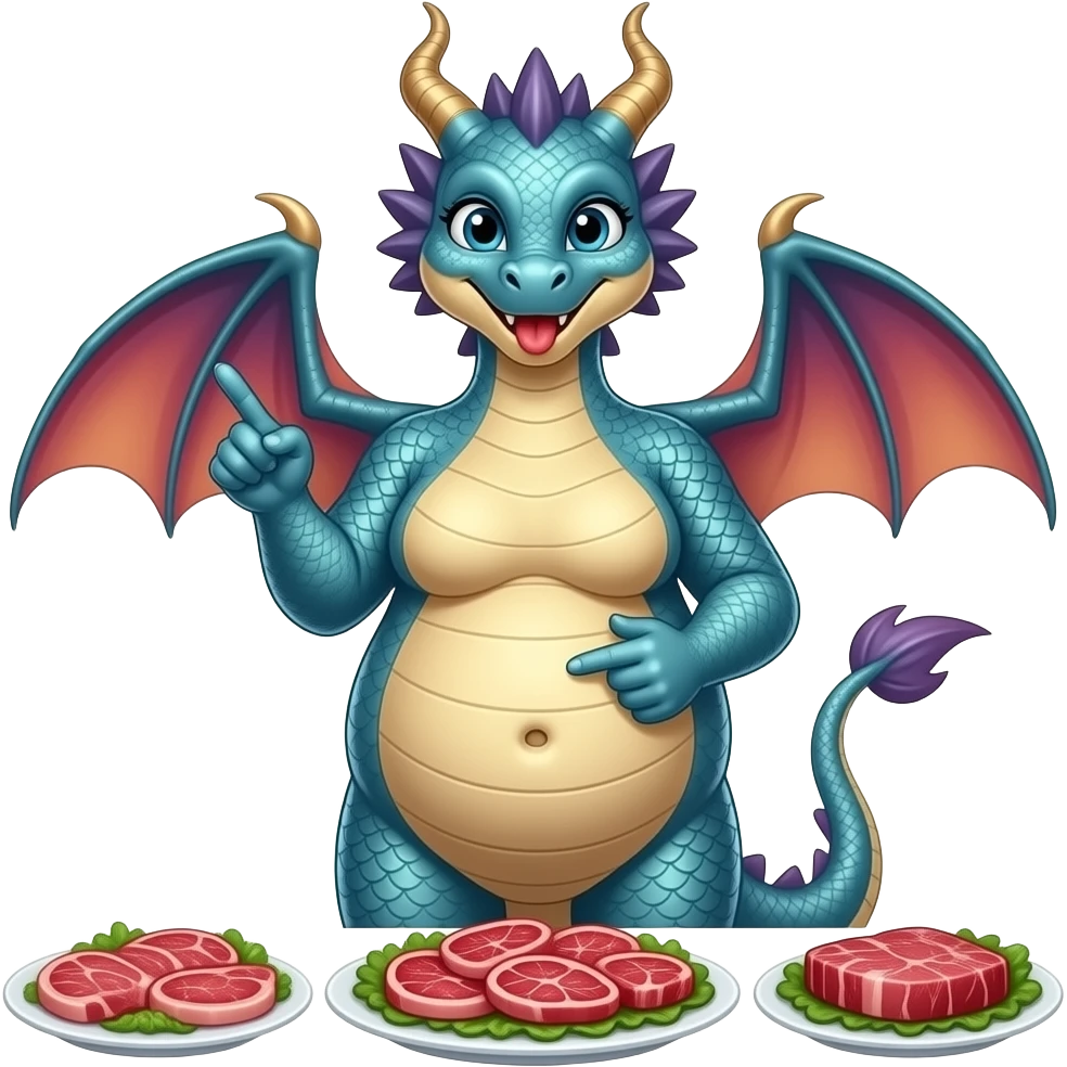 A female eastern dragon,enjoyed a meat buffet,now she pretends she has a twin baby bump,she sticks out her big full stomach,she is just perfect pointing cutely at her food baby,it is a guessing game with her bun in the oven,but she knows she is just fat,her bellybutton makes agreement with clues. emoji