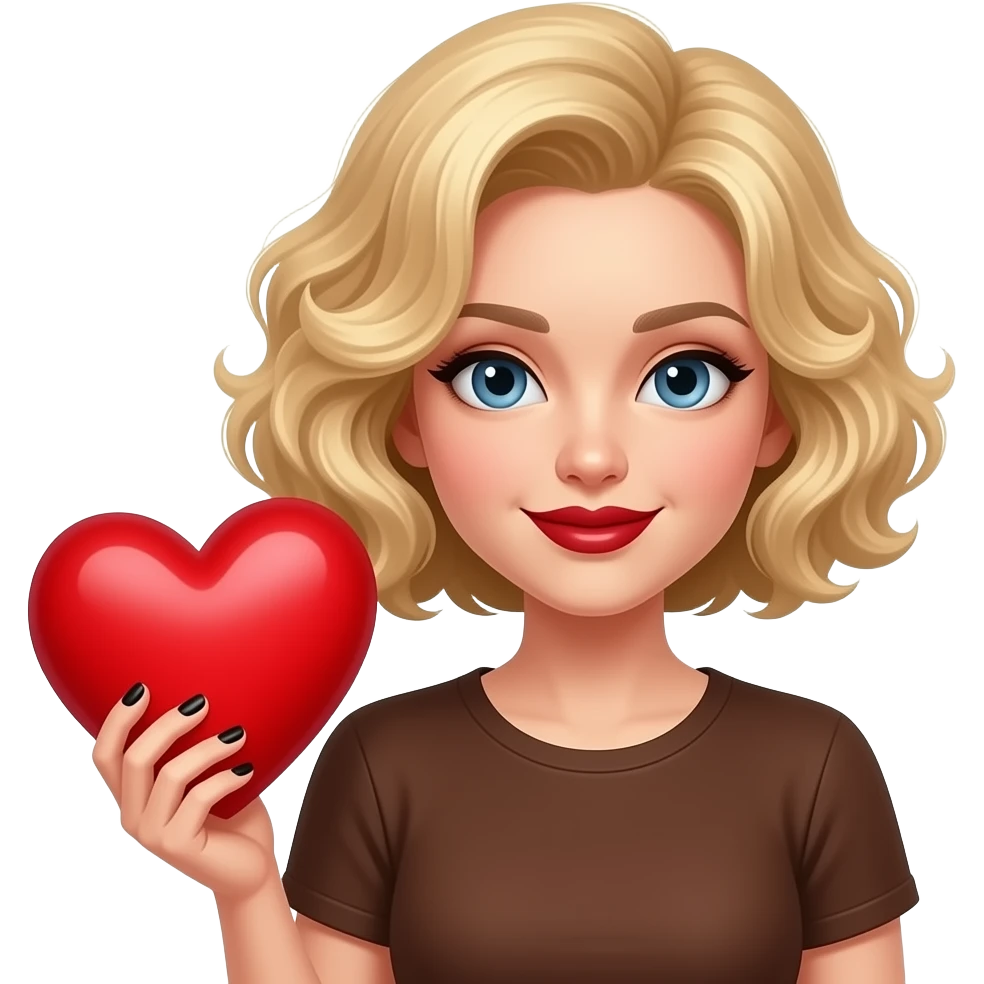 Short blond hair in curly sed swept holding a big red heart in with black nail polish and dark red lipstick, in a brown t shirt emoji