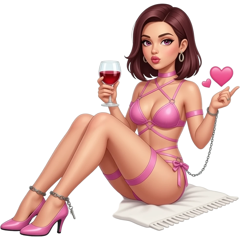 woman. burgundy, straight shoulder-length hair, sitting, sunbathing. baby pink erotic bondage style bikini. very high fetish stiletto heels. Ankle chain with small key attached. glass of red wine in one hand. blowing kiss and pink hearts with other hand emoji