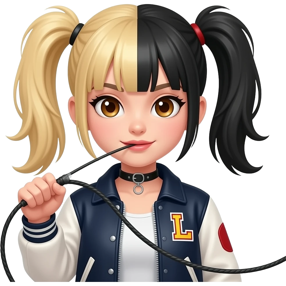 Punk girl with half blonde half black hair in pigtails with a letter L patch on jacket and brown eyes snapping whip emoji