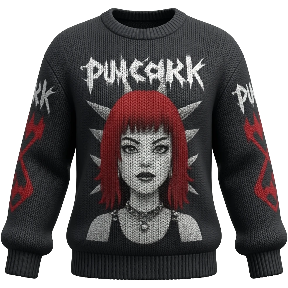 Isolated, 3D rendering, ultrarealistic highly detailed womens punk style sweater, with a punk print, 8k resolution. Must contain no emoji icons and no emoji faces emoji