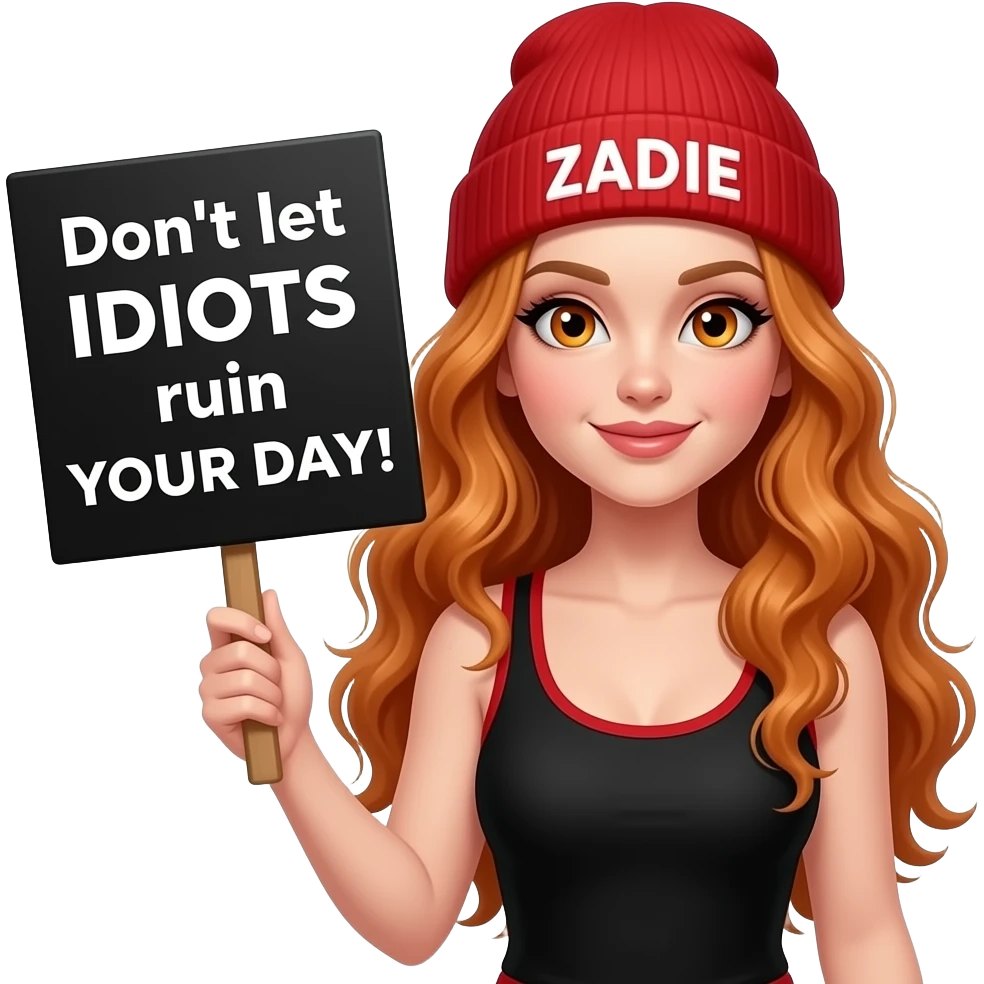 sexy girl with overlong wavy ginger hair and ginger eyes wearing a black red tanktop and a red beanie with ZADIE written on it, is holding a black sign with Don't let IDIOTS ruin YOUR DAY! written on it emoji