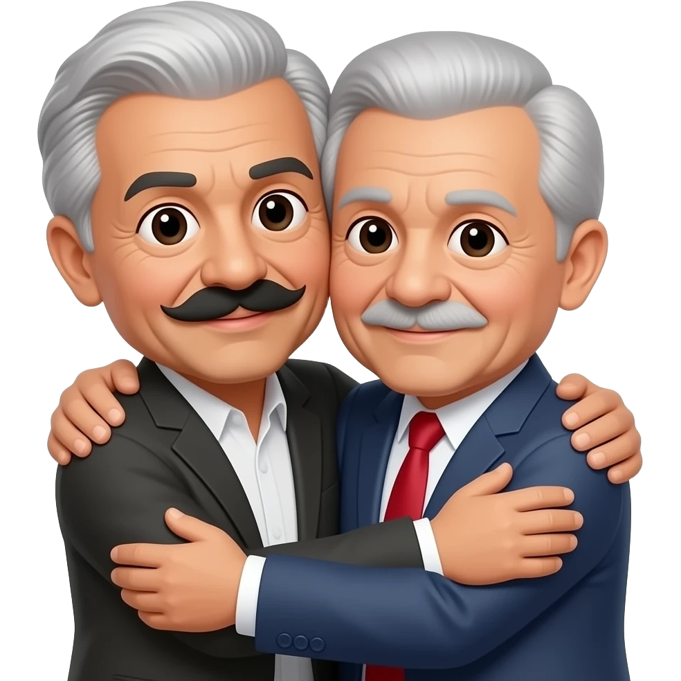 genera un emoji de amlo abrazando a un hombre de la tercera edad con bigote medio negro con canas al igual que su pelo emoji