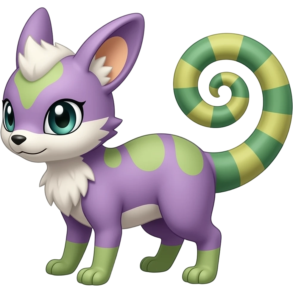 Purplish reddish greenish Furret-Amaura-Shaymin-Rattata-Aurorus-Vaporeon-Litten-hybrid with a chameleon tail emoji