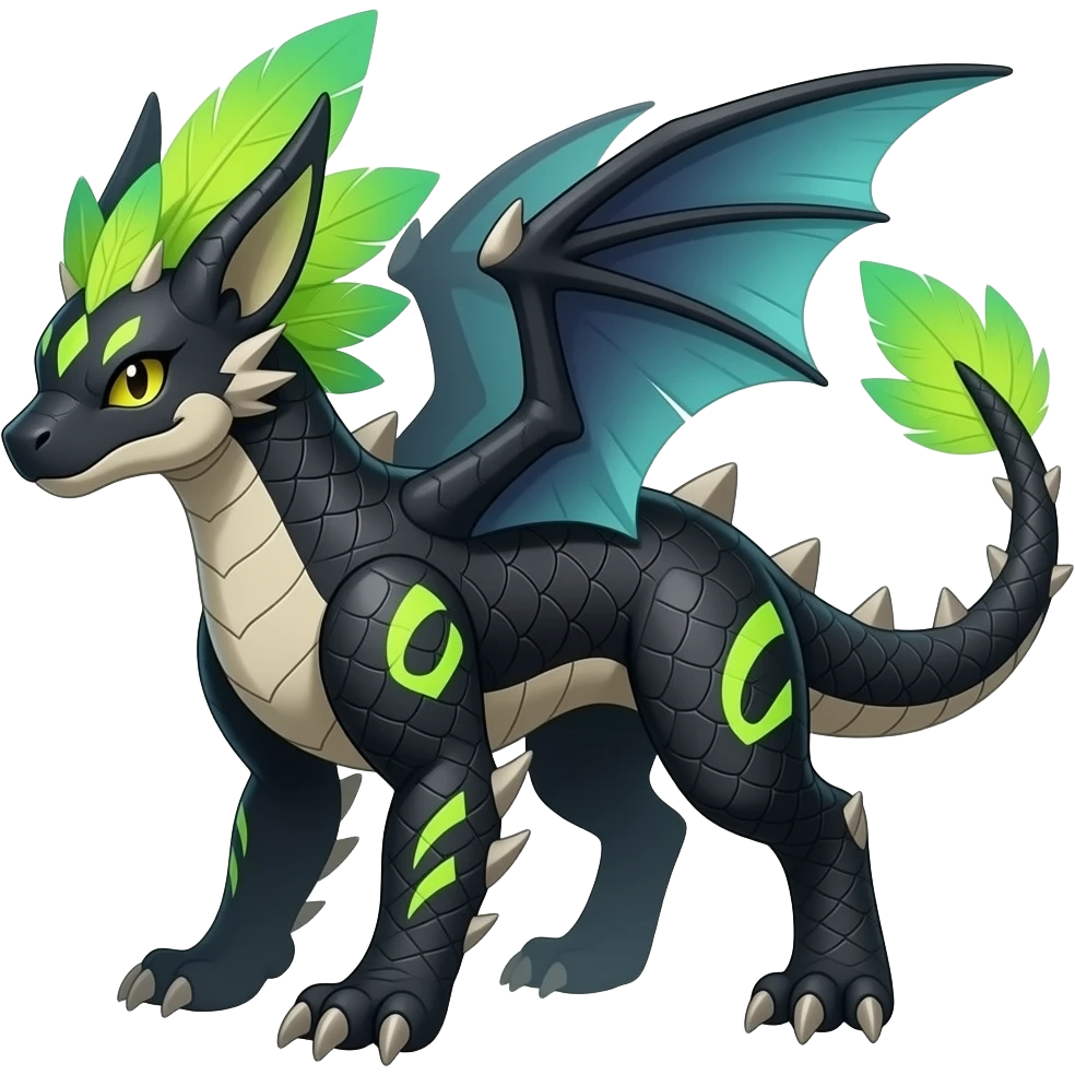 Cool edgy ancient black-scaled with neon-colored stripe markings digitigrade bipedal vintage futuristic raptorik fantasy-Cyberpunk-Steampunk-Solarpunk-Genesect-Salamence-Cyclizar-Salazzle-Feraligatr-Fakémon-animal-hybrid, with neon feather-mane, and a tail blade, back spikes, full body emoji