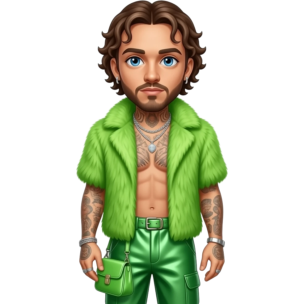 Post Malone with blue eyes, brown hair, lime green fur shawl, lime green metallic baggy pants, shirtless with necklace and earrings emoji