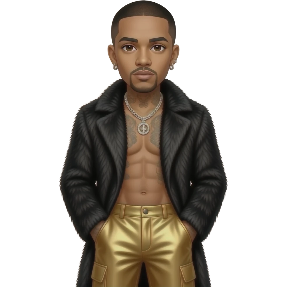 Drake with dark brown eyes, black buzz cut hair, black fur coat, gold metallic baggy pants, shirtless with necklace and earrings emoji