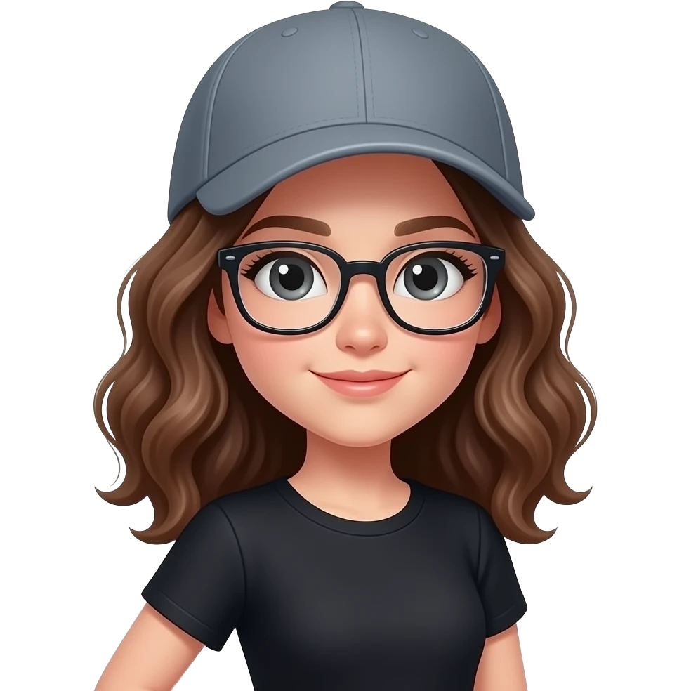 Girl with brunette hair wavy hair, grey sports hat fair skin black shirt young adult  glasses, dynamic pose emoji