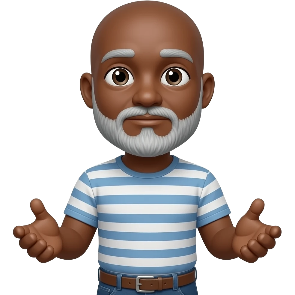 Create a light skinned black guy with a bald head and a salt and pepper beard and mustache doing the shrug emoji emoji