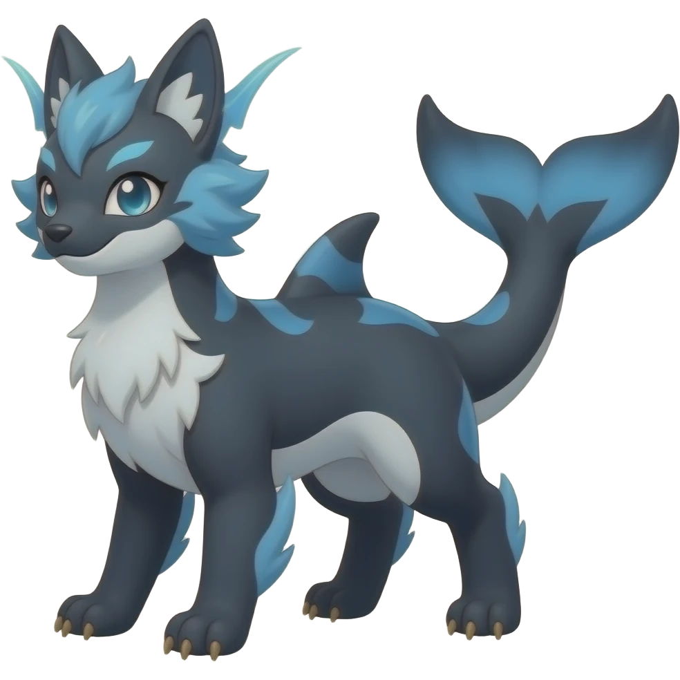 Bluish blackish whitish greyish gradients Absol-Amaura-Aurorus-Vulpix-hybrid with orca tail emoji