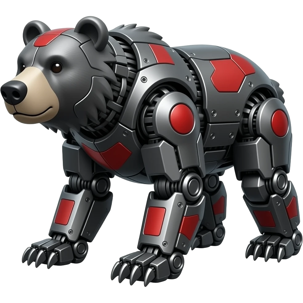 grizzly Bear, mechanical, all  made of dark gray metal, dark gray metal snout, dark gray metal with red markings on it, (Mechanical), (fullbody) on all fours emoji