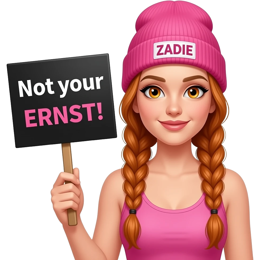 sexy girl with overlong ginger braids and ginger eyes wearing a pink tanktop and a pink beanie with ZADIE written on it, is holding a black sign with Not your ERNST! on it emoji