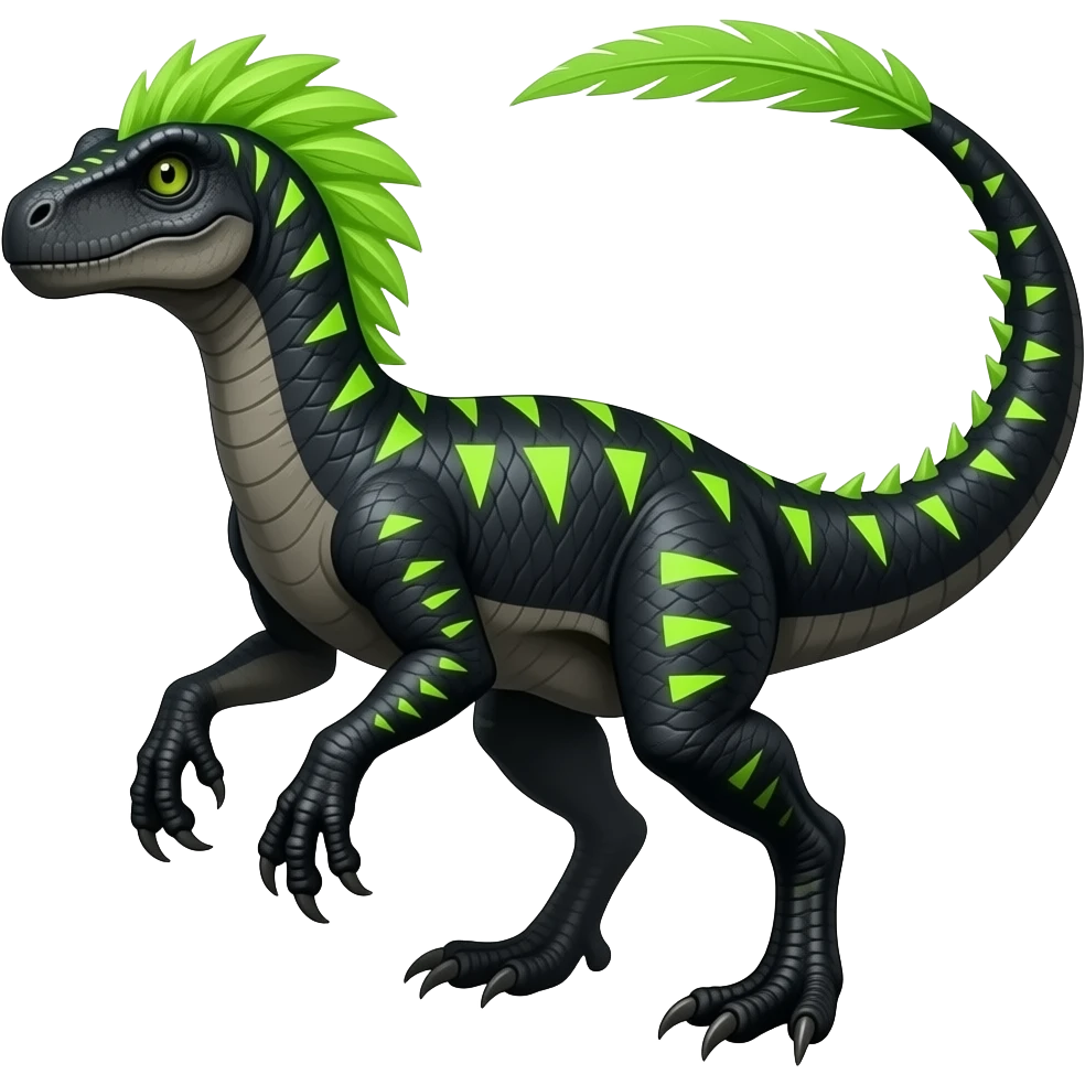 Cool edgy ancient black-scaled with neon-colored triangular stripe markings digitigrade bipedal vintage futuristic raptorik fantasy-Cyberpunk-Steampunk-Solarpunk-Genesect-Salamence-Tyranitar-Vernid-Fionbri-Fakémon-animal-hybrid, with neon-green feather-mane, and a tail blade, back spikes, full body emoji