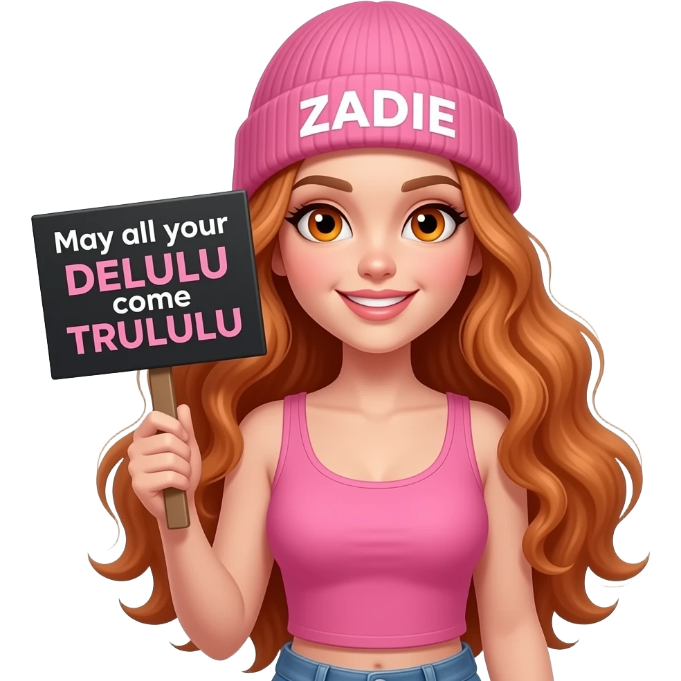 sexy girl with overlong wavy ginger hair and ginger eyes wearing a pink tanktop and a pink beanie with ZADIE written on it, is holding a black sign with May all your DELULU come TRULULU written on it emoji