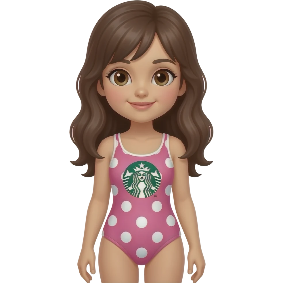 A pink girl wears a white dots and pink big dots and white pink gradient corals and starbucks one piece swimsuit emoji
