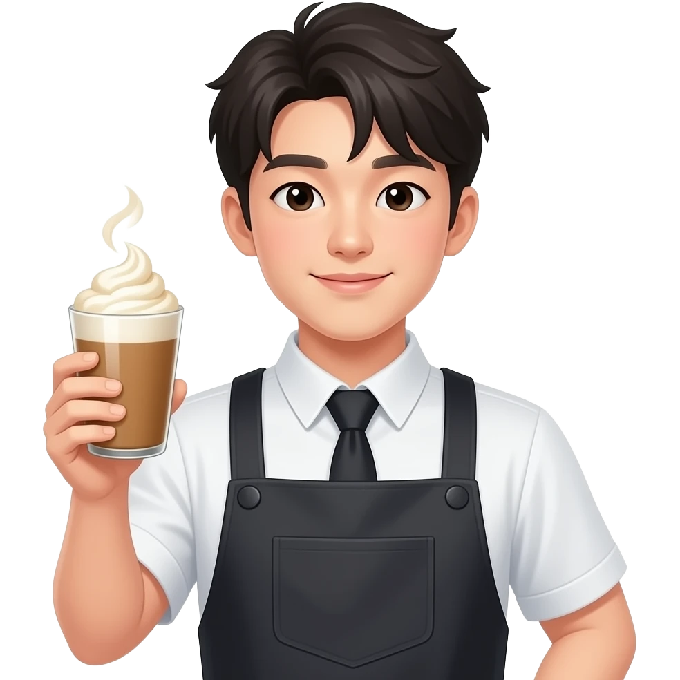 korean young man + barista uniform + a latte in one hand emoji
