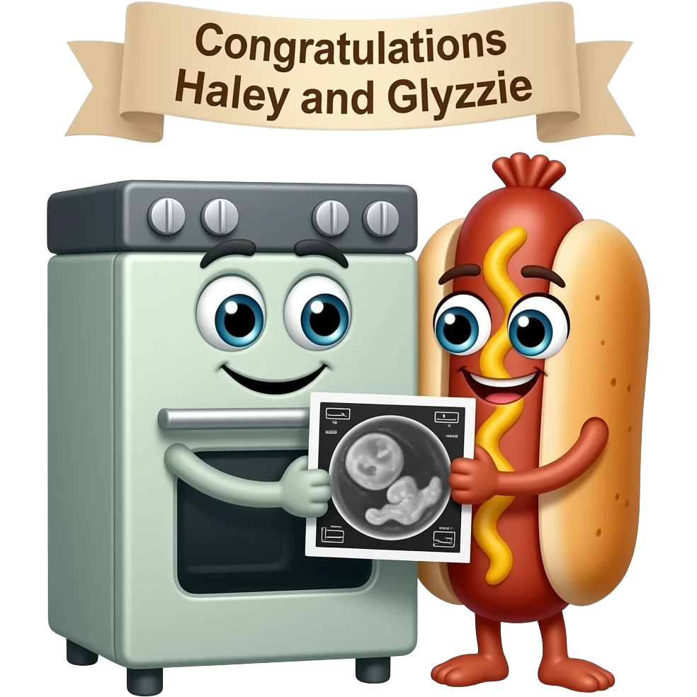 An anthropomorphic oven, and an anthropomorphic hot dog, in love, holding a sonogram, underneath a banner that says "Congratulations Haley and Glyzzie" emoji
