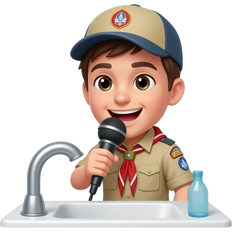 una persona en el baño cantando con un microfono en forna de fuet y con un gorro de boy escaut emoji
