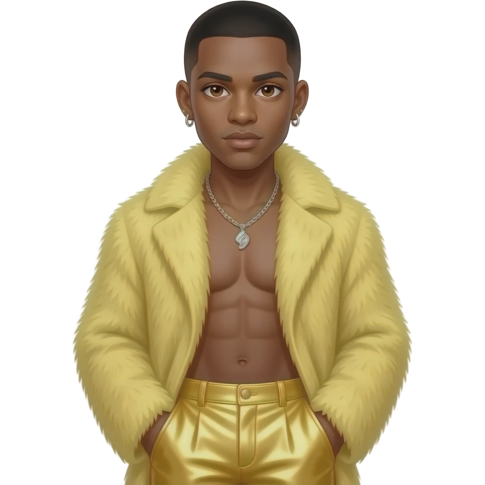 Usher with dark brown eyes, black buzz cut hair, light yellow fur coat, light yellow metallic baggy pants, shirtless with necklace and earrings emoji