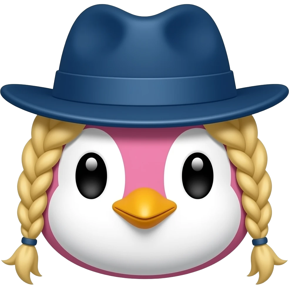 pink penguin with blond very braided hair and blue fedora hat, just face emoji