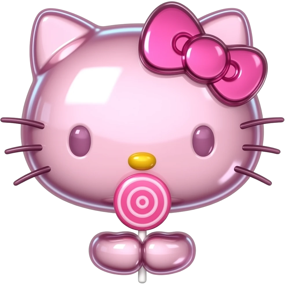 Shiny 3d holographic pink colored glass hello Kitty head with front paws holding a lollipop emoji
